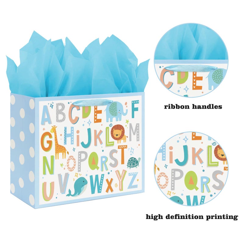 Laidans 13"" Large Baby Boy Gift Bag with Tissue Paper and Greeting Card for Baby Shower Birthday (ABC Alphabet Animal) - Image 4